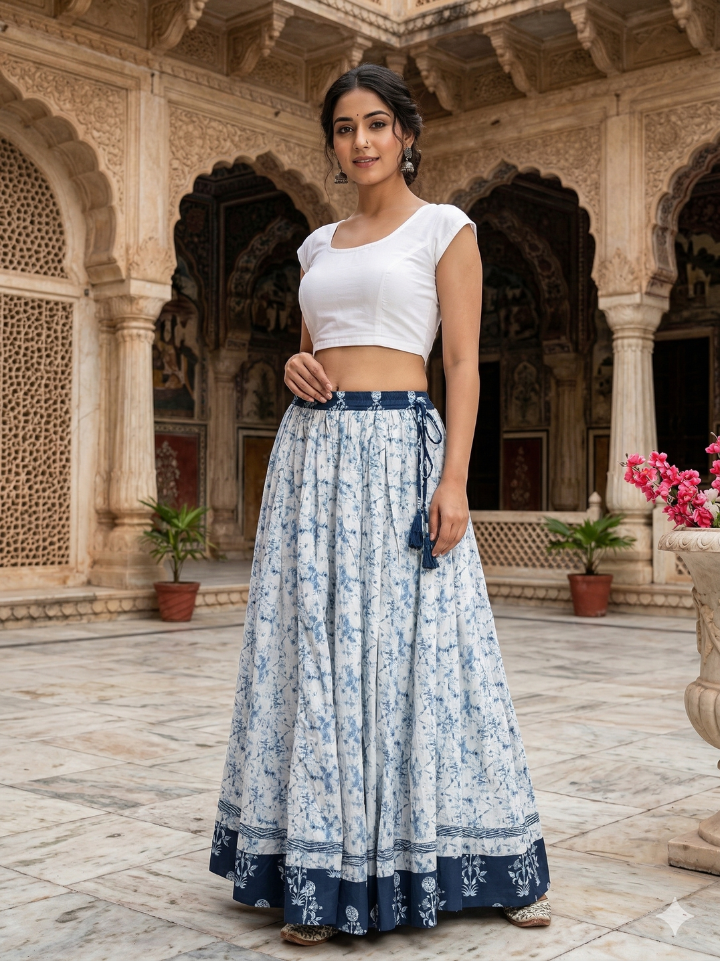 Airy light blue floral cotton skirt maxi โ 28 panel hand block printed Bagru SA Fab