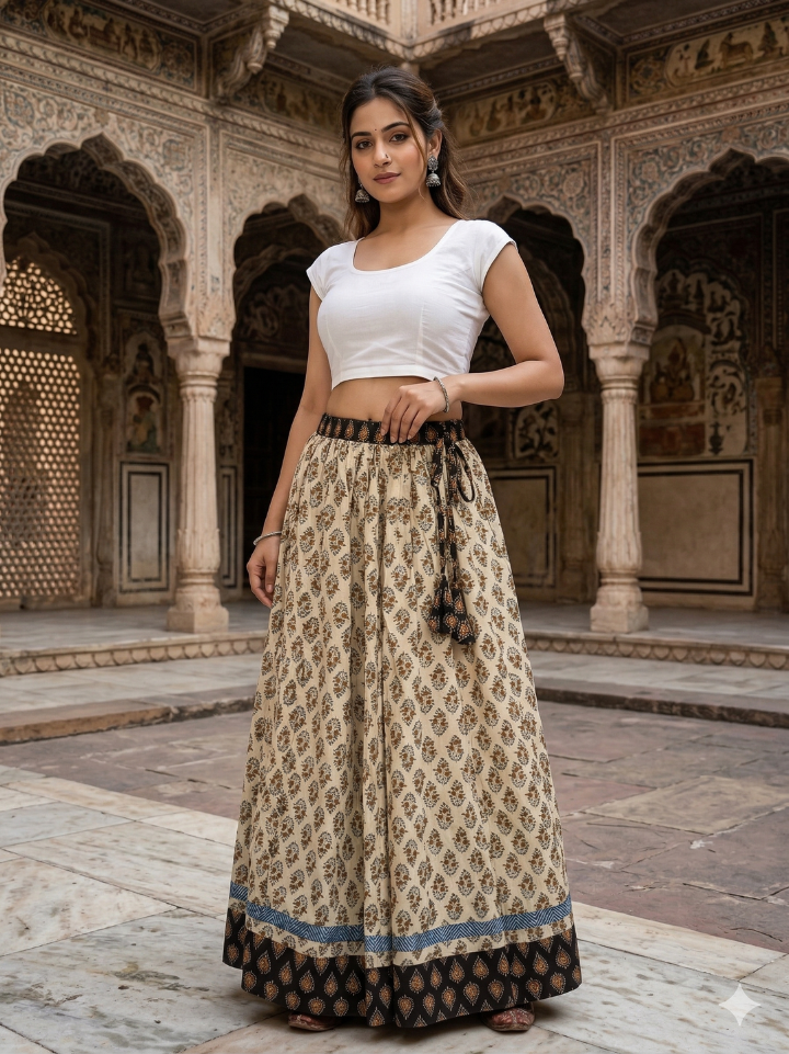 Soft ivory earthy floral cotton pleated skirt — 28 panel hand block printed Bagru SA Fab