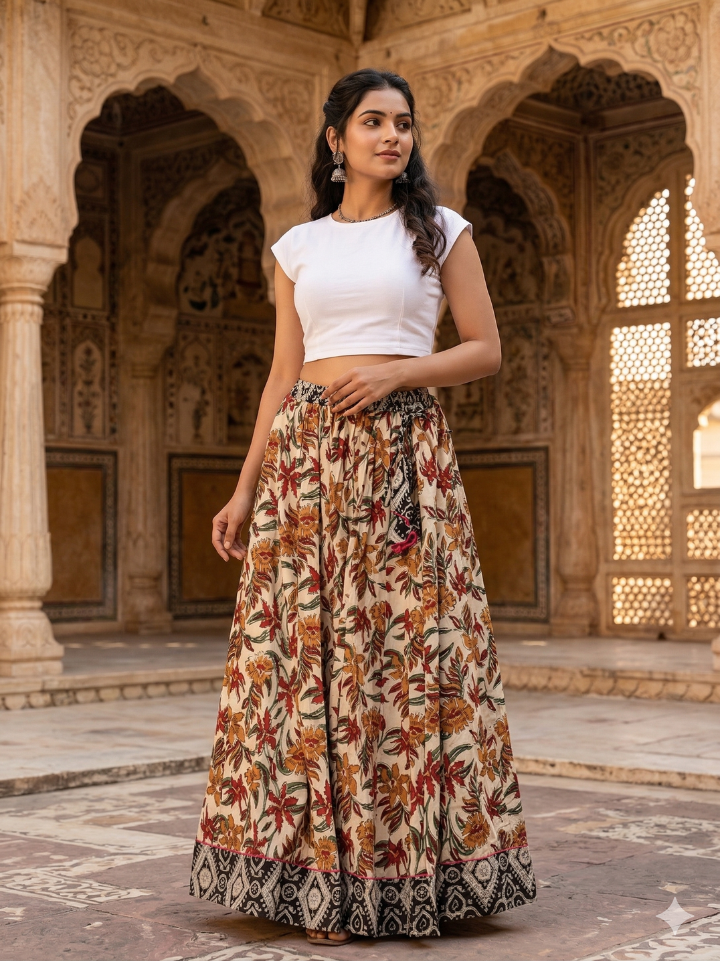 Soft cream earthy floral ladies cotton skirts — 28 panel hand block printed Bagru SA Fab