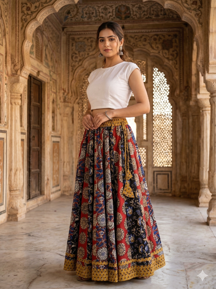 Vibrant red and deep blue paneled maxi skirt cotton — 28 panel hand block printed Bagru SA Fab