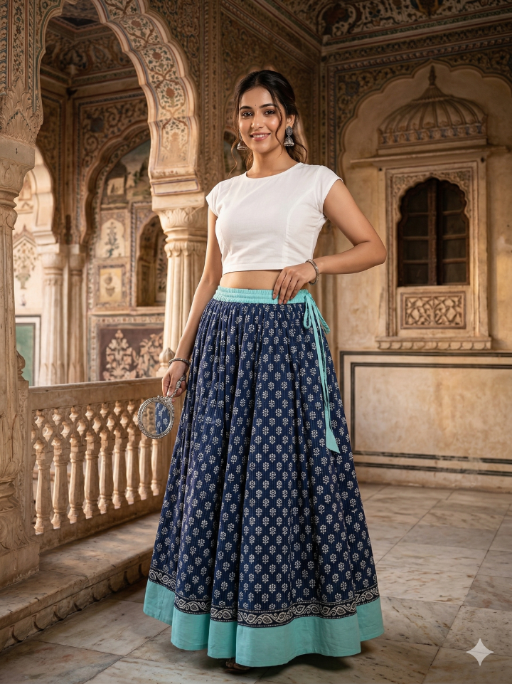 Deep navy blue geometric print womens cotton skirts โ 28 panel hand block printed Bagru SA Fab