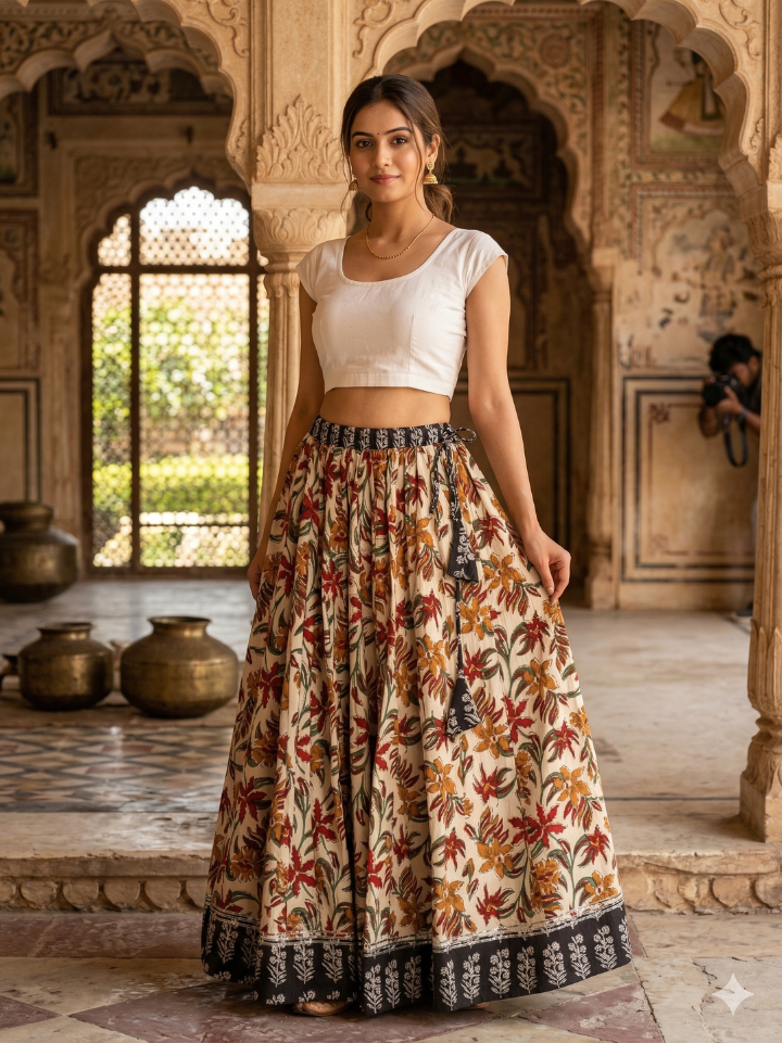 Elegant ivory floral cotton maxi skirts โ 28 panel hand block printed Bagru SA Fab