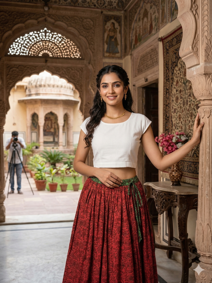 Vibrant red delicate print long cotton skirt — pure cotton hand block printed Bagru SA Fab