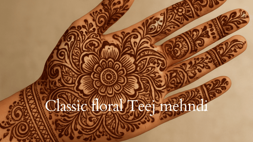 Classic floral Teej mehndi design with rose and vine patterns