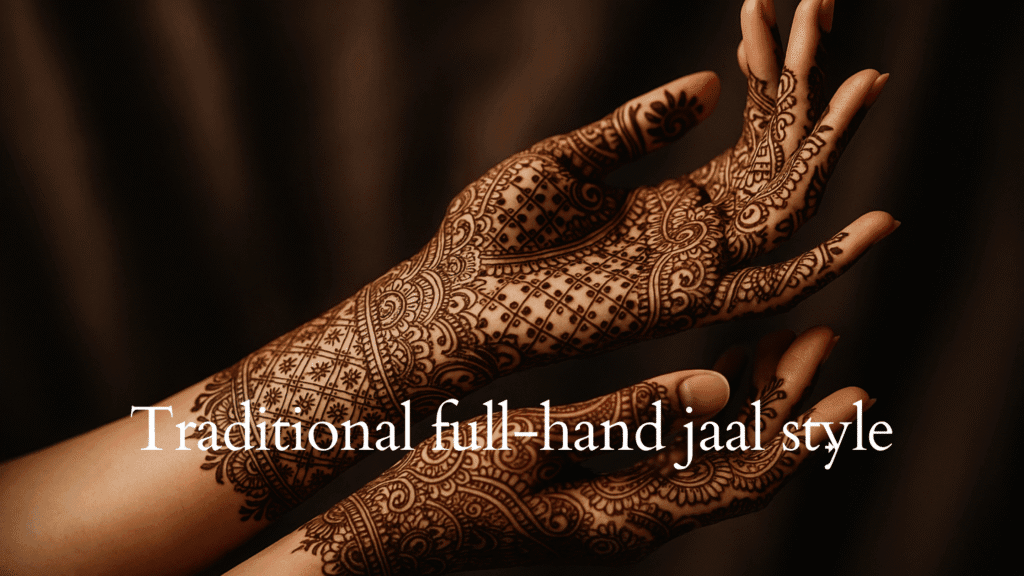 Traditional full-hand jaal style Teej mehndi design