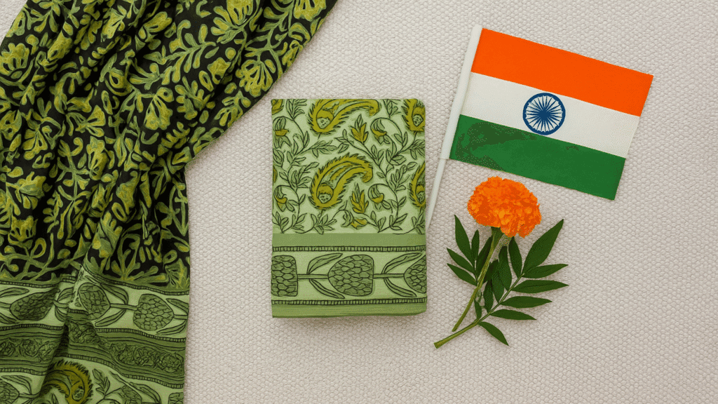 A tribute to Indian heritage with a hand-blocked garment and the tricolour flag