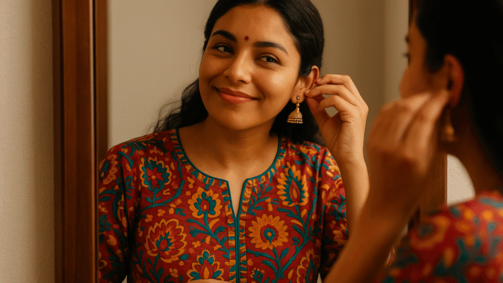 A young Indian woman proudly wearing traditional attire for Independence Day