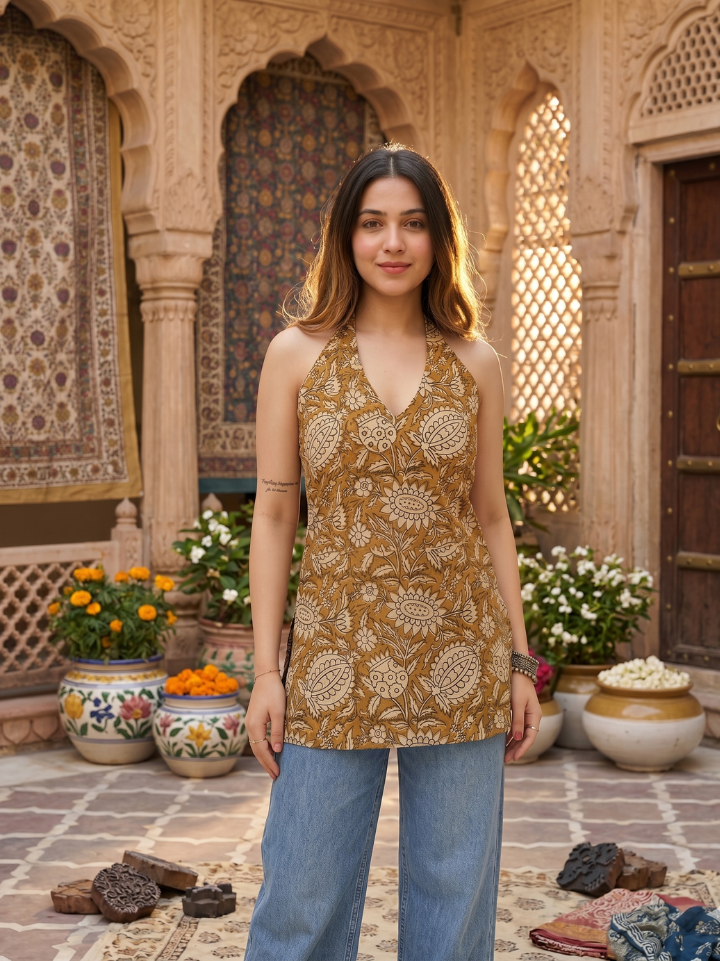 Rust orange Kalamkari print halter neck kurta — pure cotton hand block printed Bagru SA Fab