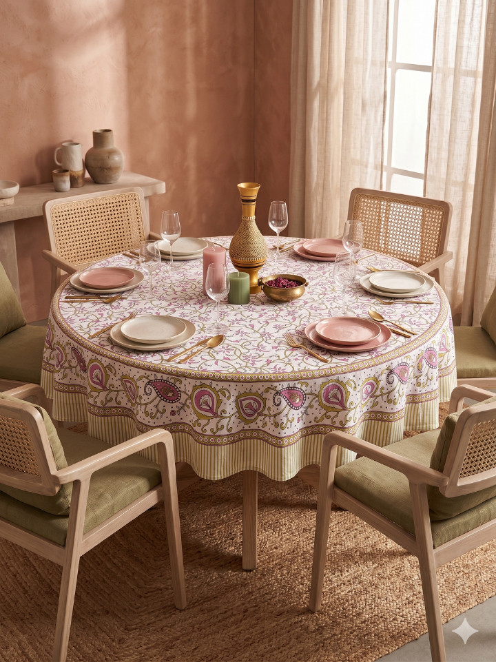 white floral round table cover — pure cotton hand block printed bagru jaipur SA Fab