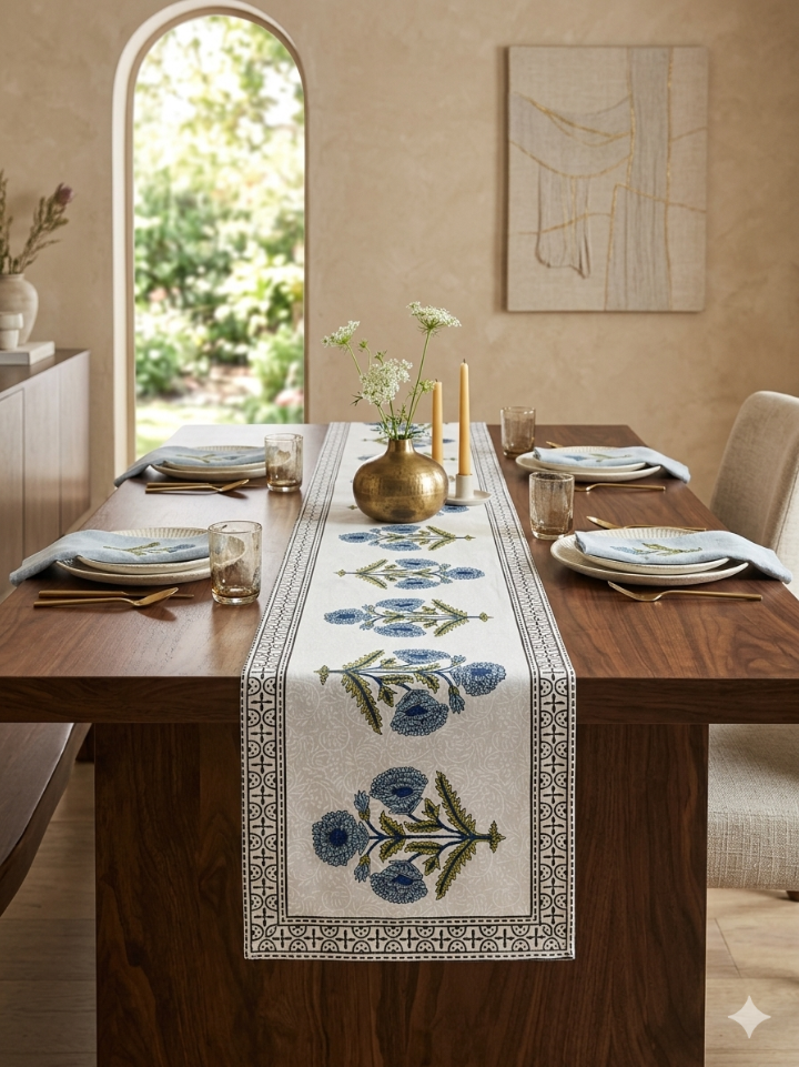 white floral block print cotton table runner hand crafted canvas 13x72 Bagru Jaipur SA Fab