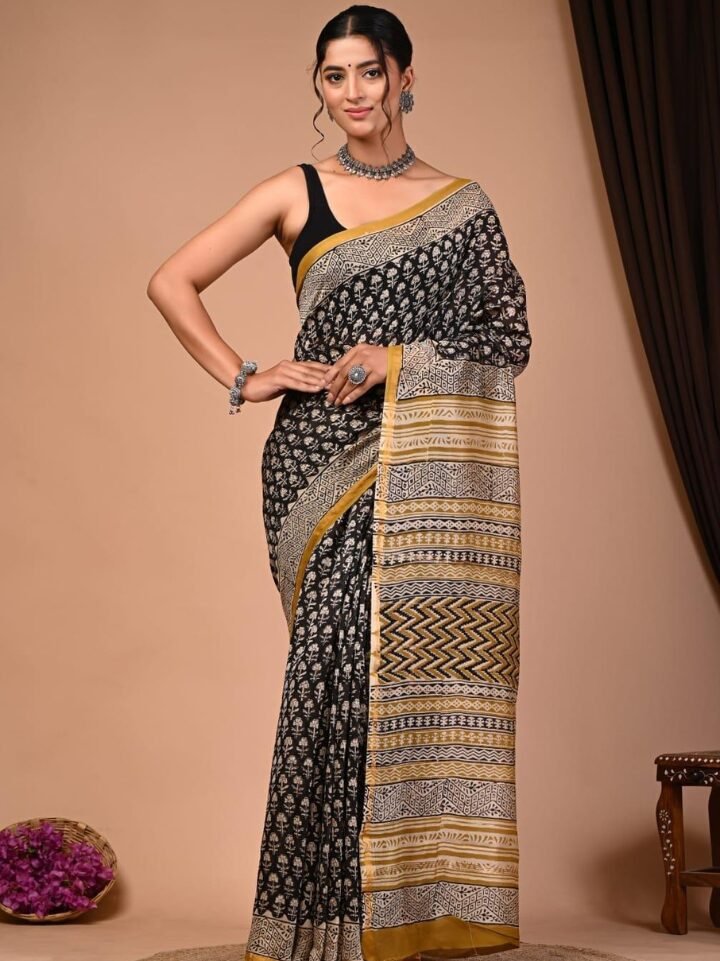 shadow black floral block print chanderi silk saree Bagru Jaipur SA Fab