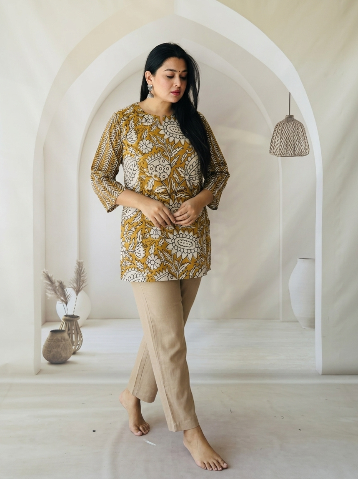 Mustard Kalamkari print pure cotton short kurti for girls — pure cotton hand block printed Bagru SA Fab