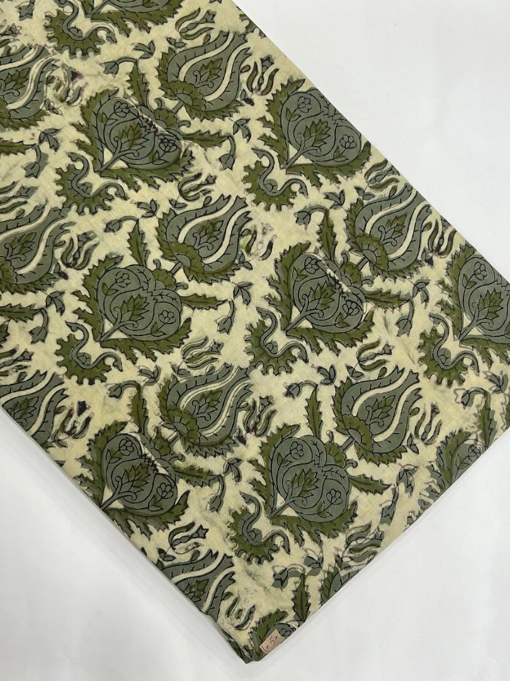 Cream green paisley ajrakh printed fabrics — pure cotton 10 metre roll hand block printed Bagru SA Fab