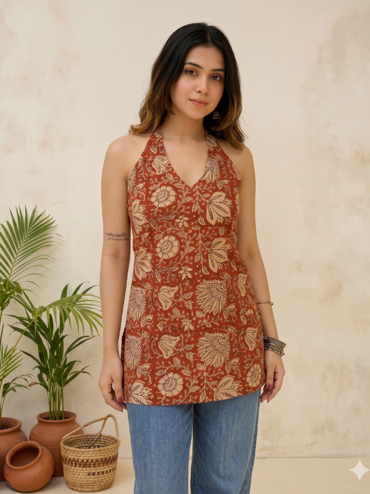 Deep red Kalamkari print pure cotton halter neck kurti — pure cotton hand block printed Bagru SA Fab