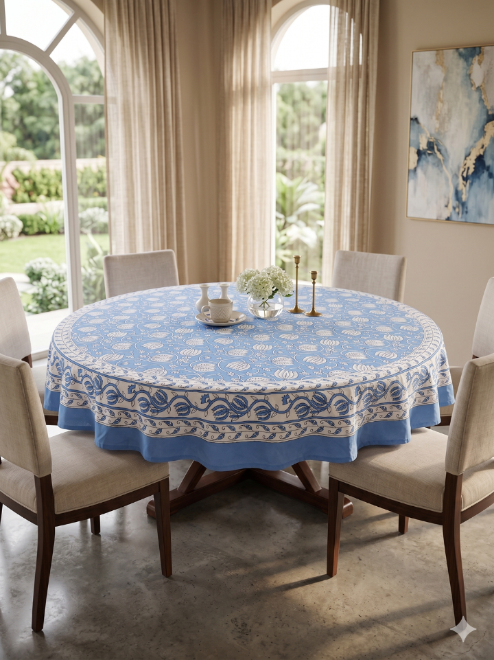 blue floral round table cover — pure cotton hand block printed bagru jaipur SA Fab