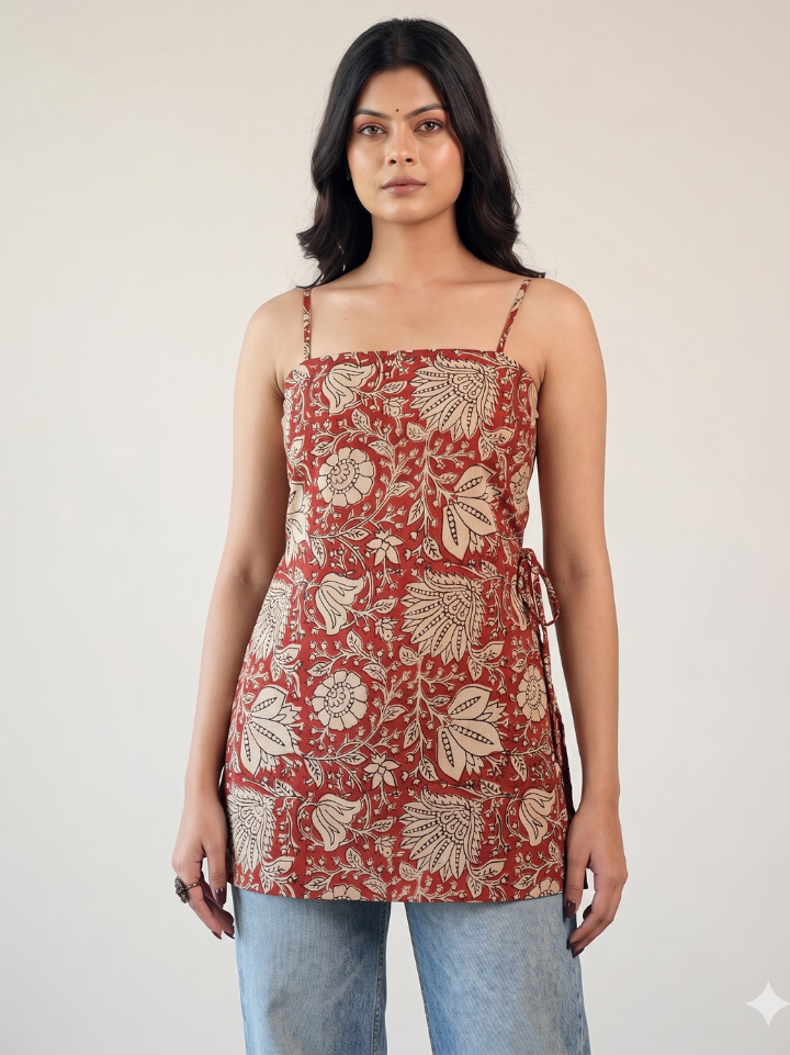 deep red kalamkari print cotton spaghetti strap kurti short hand block printed Bagru Jaipur SA Fab