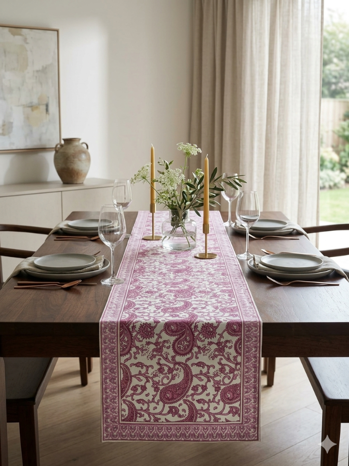 white traditional block print cotton dining table runner canvas 13x72 handcrafted Bagru Jaipur SA Fab