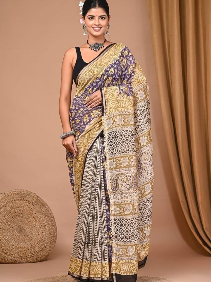 english violet chanderi printed saree dark peach floral border hand block printed Bagru Jaipur SA Fab