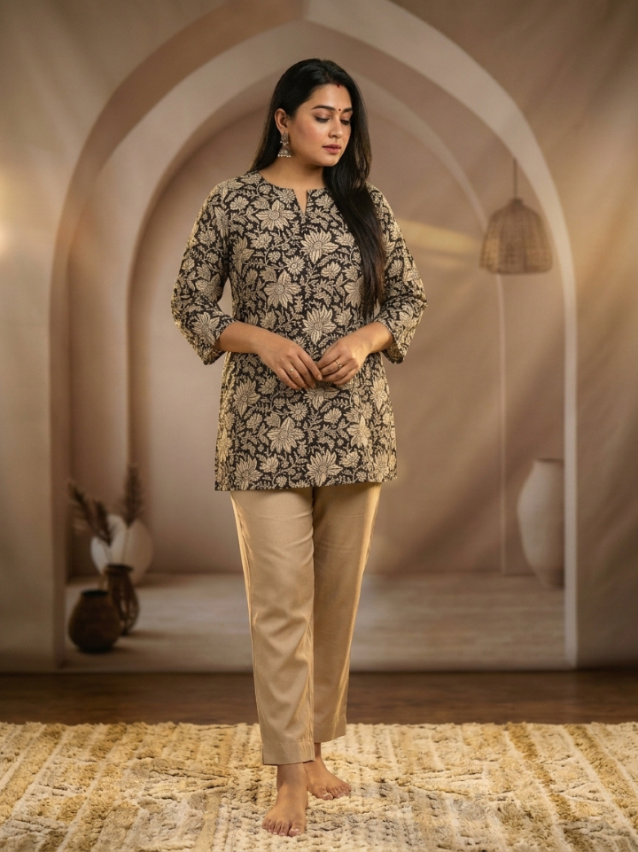 Beige and black Kalamkari print pure cotton short kurti for women — pure cotton hand block printed Bagru SA Fab
