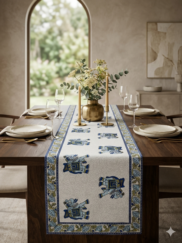 white elephant motif block print cotton table runner canvas 13x72 handcrafted Bagru Jaipur SA Fab