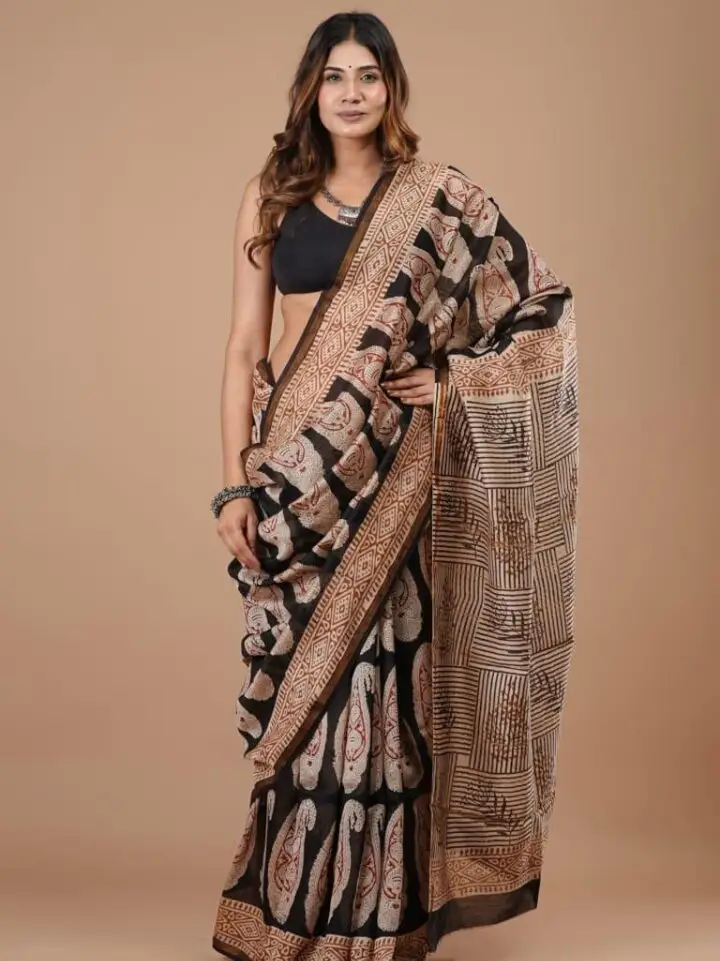 black chanderi silk saree beige traditional motifs hand block printed Bagru Jaipur SA Fab