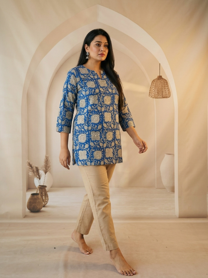 Vibrant royal blue Kalamkari print short kurti — pure cotton hand block printed Bagru SA Fab