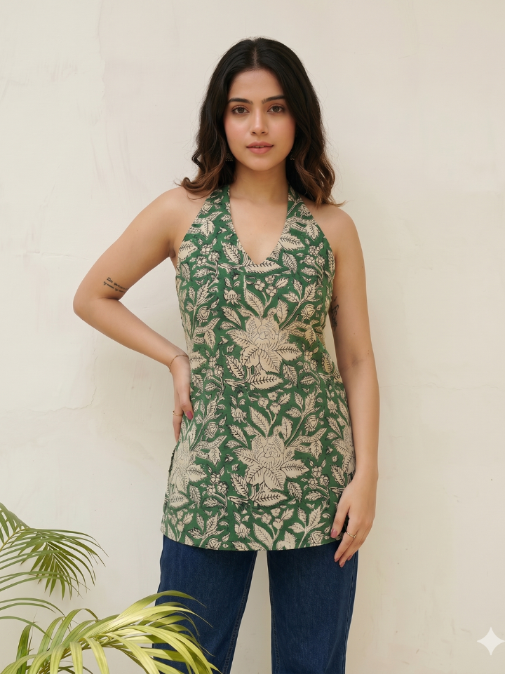 Earthy green Kalamkari print halter neck design for kurti — pure cotton hand block printed Bagru SA Fab