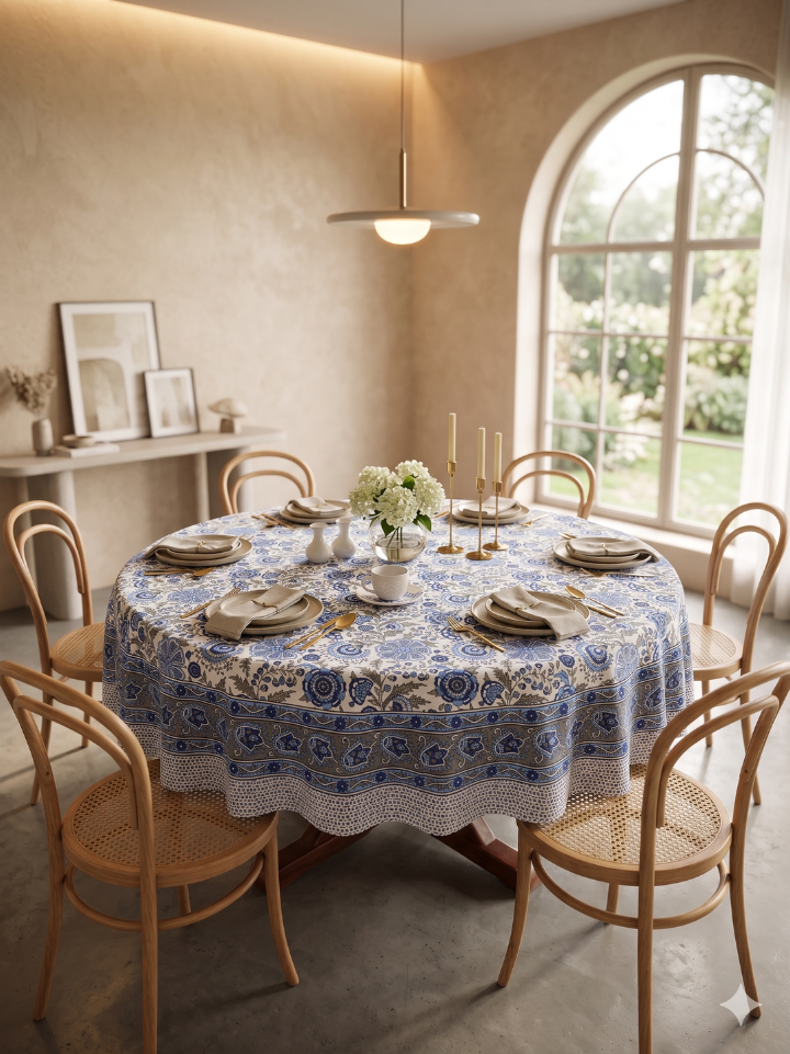 white blue floral small round table cover — pure cotton hand block printed bagru jaipur SA Fab