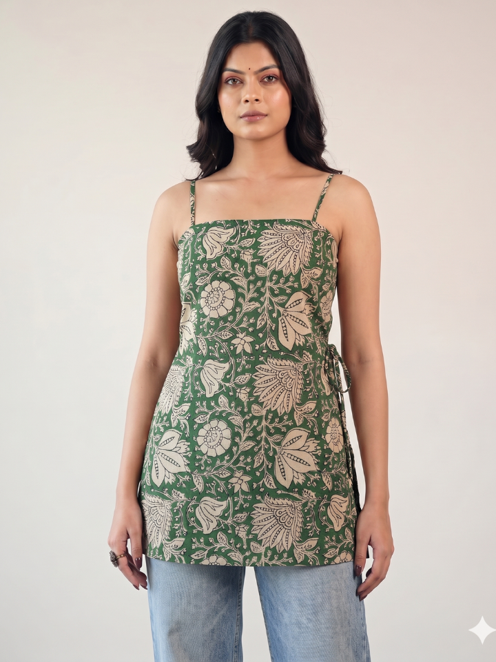 earthy green kalamkari print cotton spaghetti sleeves kurti short hand block printed Bagru Jaipur SA Fab
