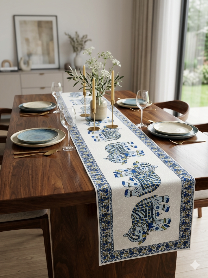 white royal elephant block print cotton table runner online canvas 13x72 handcrafted Bagru Jaipur SA Fab
