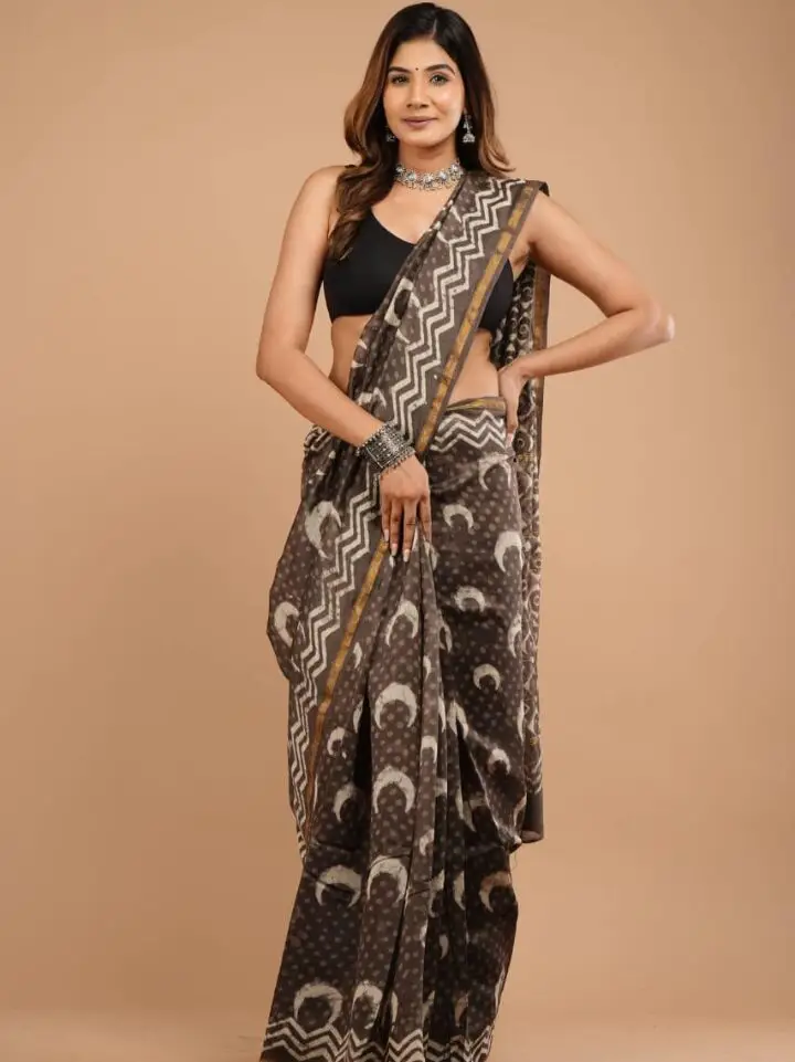 brass color moon print handloom chanderi silk saree hand block printed Bagru Jaipur SA Fab