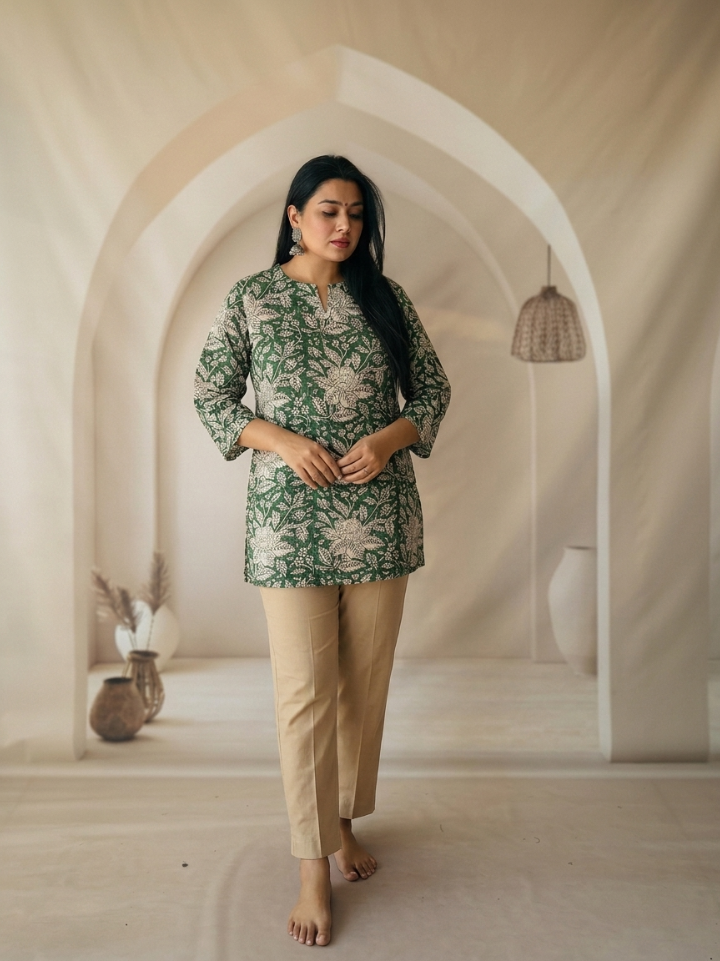 Earthy green Kalamkari print designer short kurti — pure cotton hand block printed Bagru SA Fab