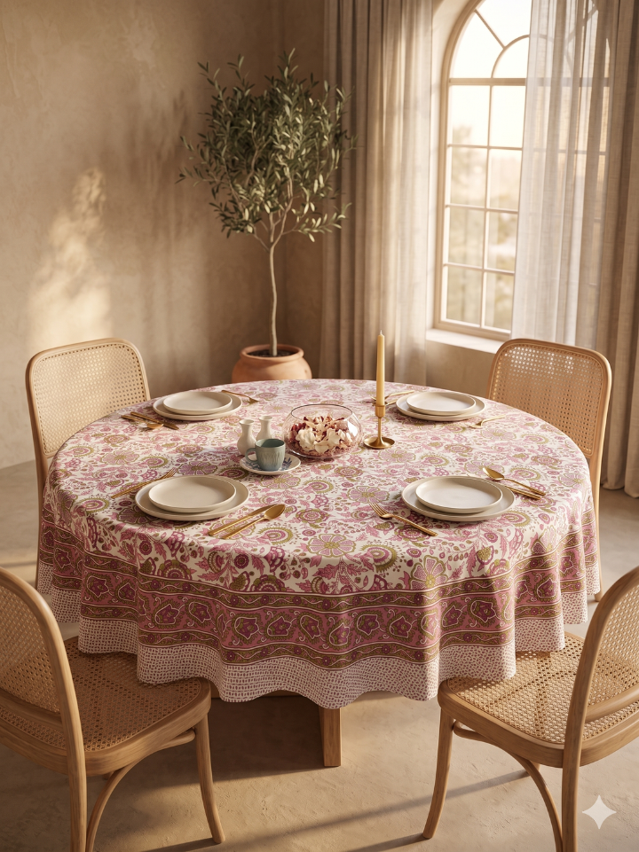 white rust red floral round table cover — pure cotton hand block printed bagru jaipur SA Fab