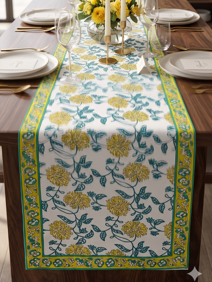 white table runner yellow floral block print cotton canvas 13x72 handcrafted Bagru Jaipur SA Fab