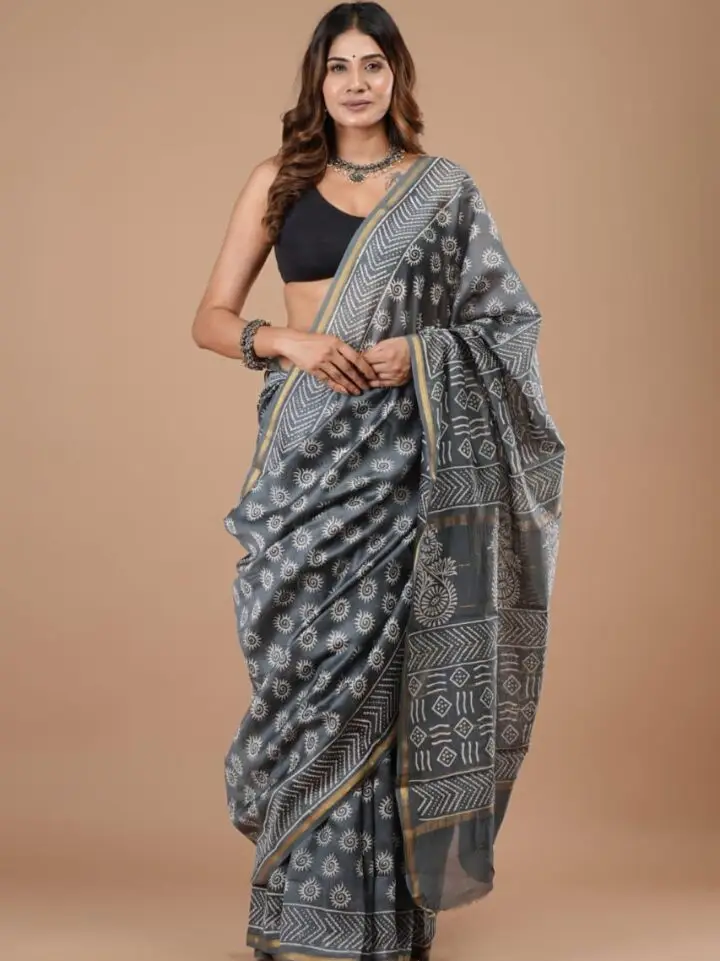 arabic grey handloom chanderi silk saree traditional motifs hand block printed Bagru Jaipur SA Fab