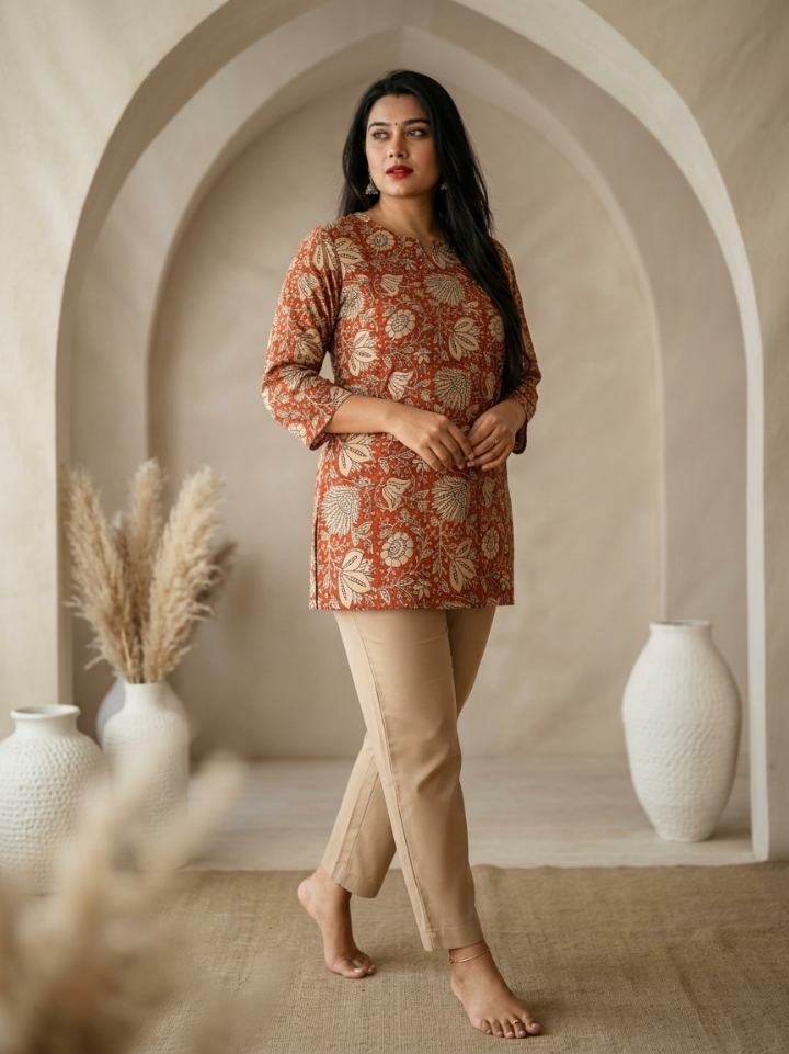 Warm rust orange Kalamkari floral print pure cotton short knee length kurtis — pure cotton hand block printed Bagru SA Fab