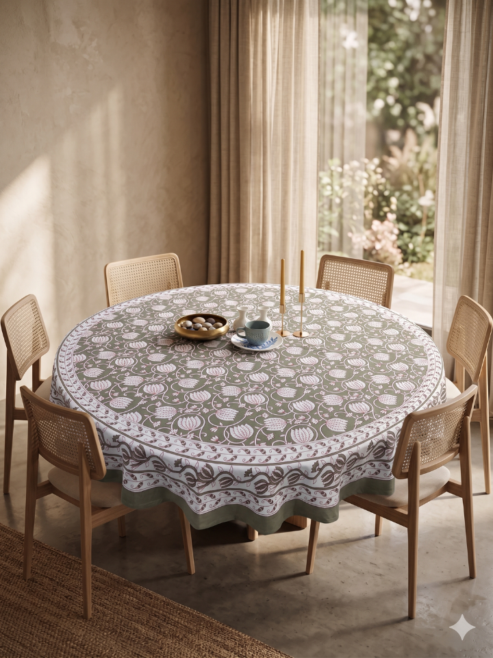 red white floral round table cover — pure cotton hand block printed bagru jaipur SA Fab