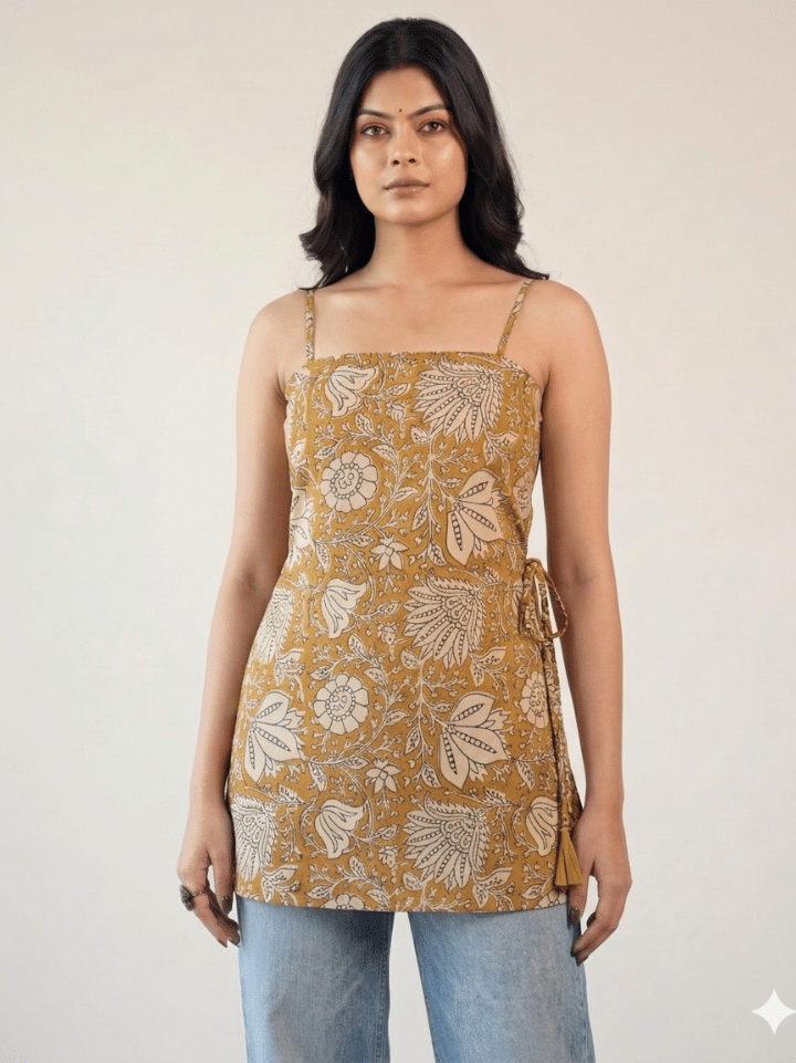 rust orange kalamkari print cotton noodle strap kurti short hand block printed Bagru Jaipur SA Fab