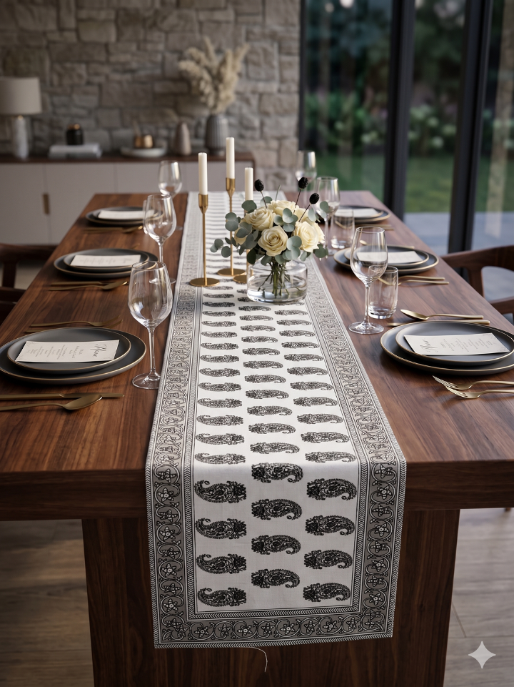 white traditional block print cotton table runner for 8 seater table canvas 13x72 handcrafted Bagru Jaipur SA Fab