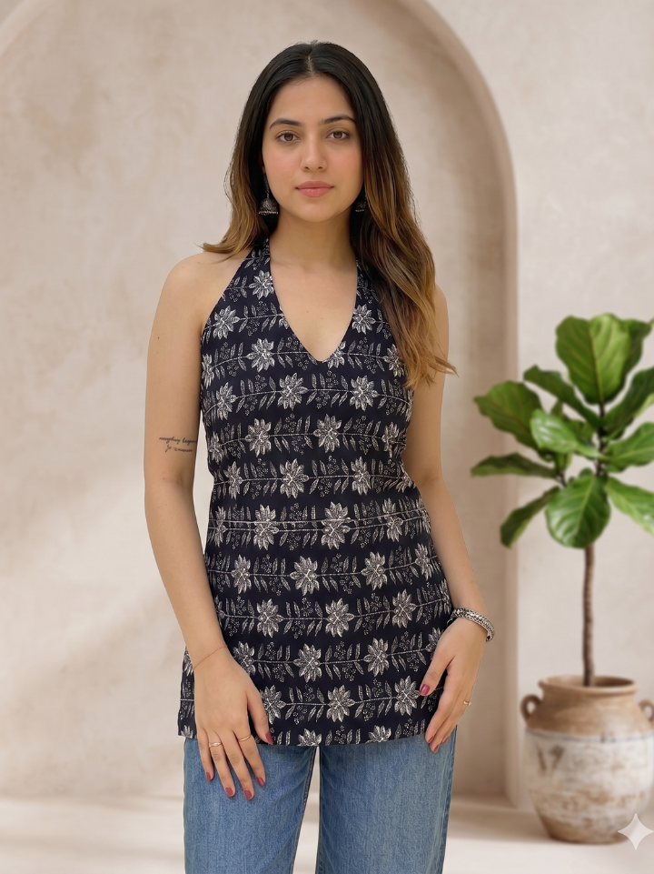 Navy blue and white floral block print short kurti sleeveless — pure cotton hand block printed Bagru SA Fab