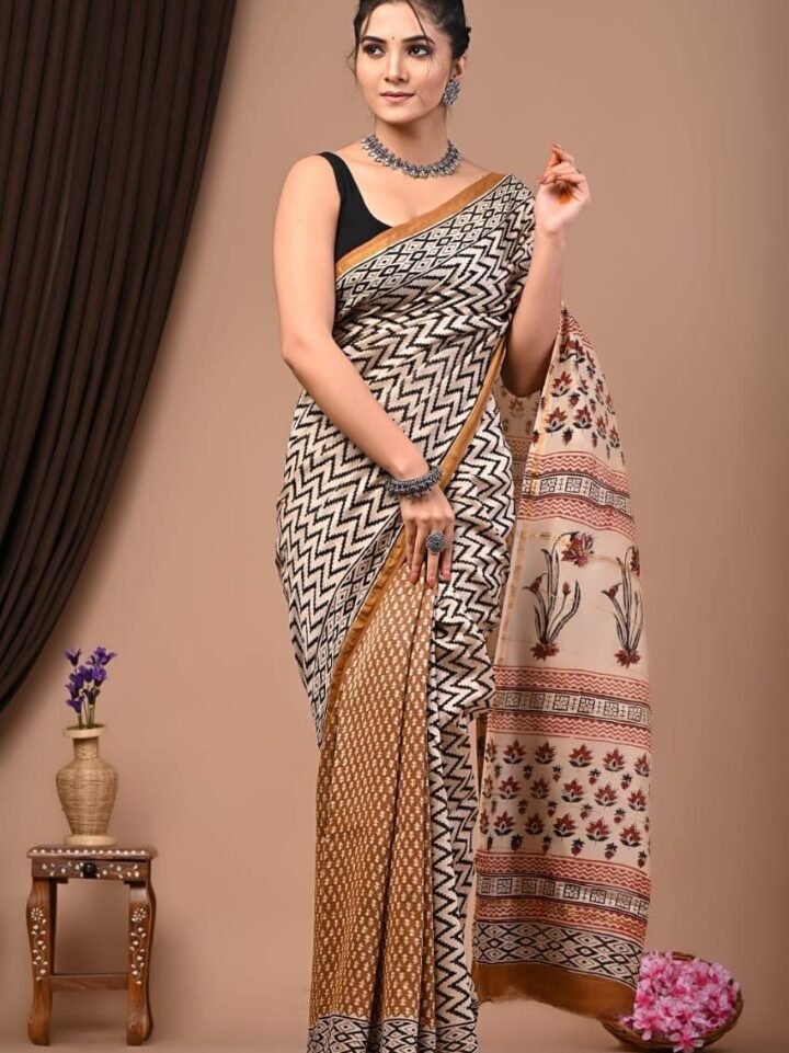 nude chanderi saree black zigzag blush orange border hand block printed Bagru Jaipur SA Fab