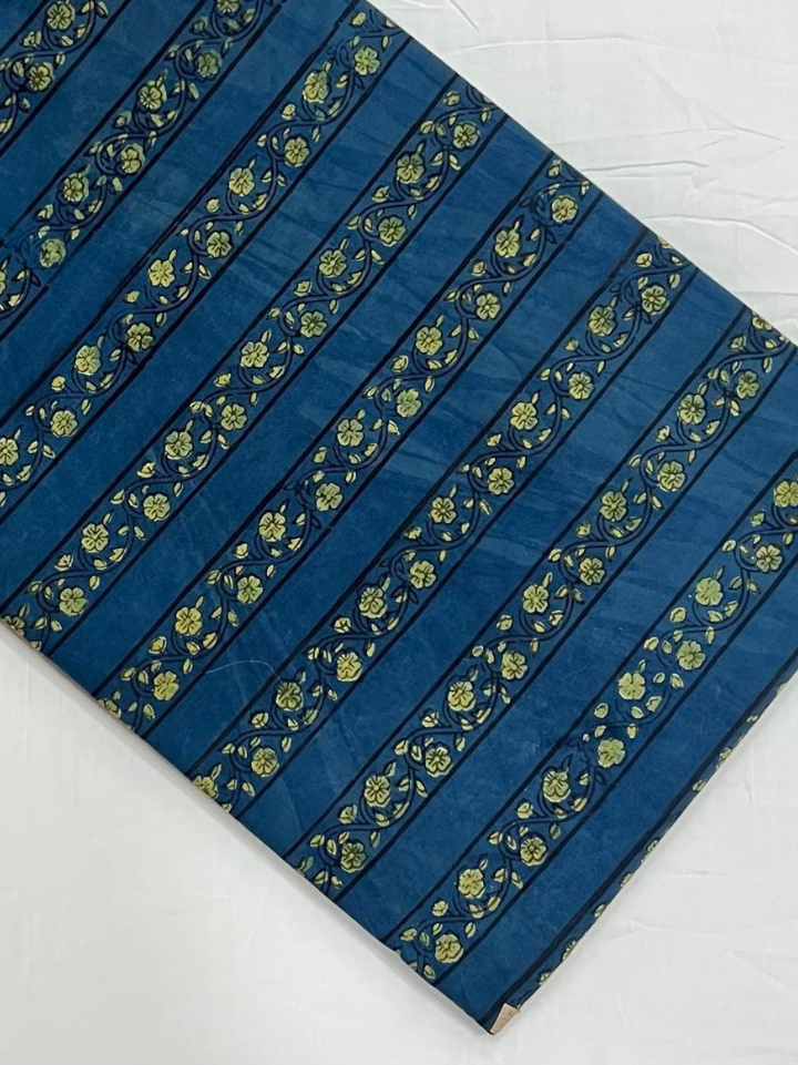 Deep blue gold floral ajrakh print fabric online india — pure cotton 10 metre roll hand block printed Bagru SA Fab