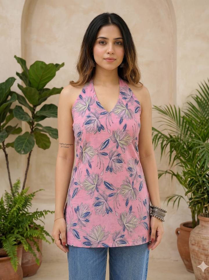 Soft pink floral block print front deep neck kurti — pure cotton hand block printed Bagru SA Fab