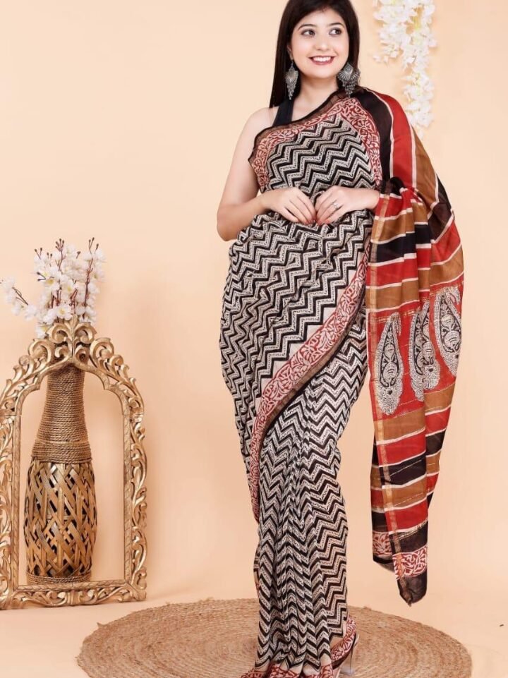 muted grey chanderi silk saree black zigzag pattern hand block printed Bagru Jaipur SA Fab