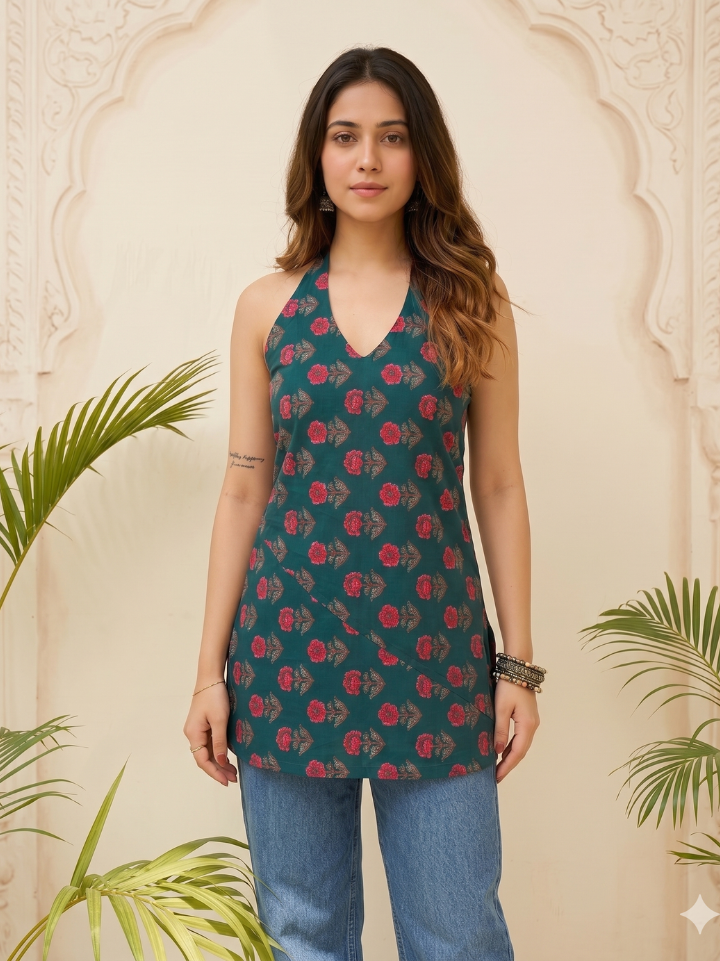 Deep teal and vibrant red rose floral print halter neck design short kurti — pure cotton hand block printed Bagru SA Fab