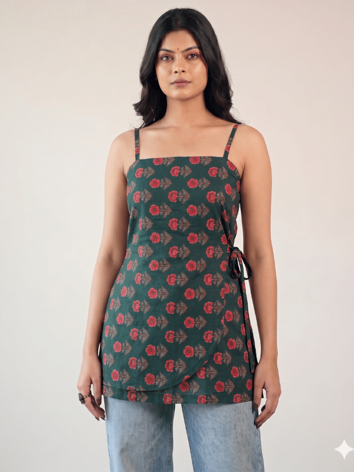 deep teal red floral block print cotton noodle strap kurta short hand printed Bagru Jaipur SA Fab