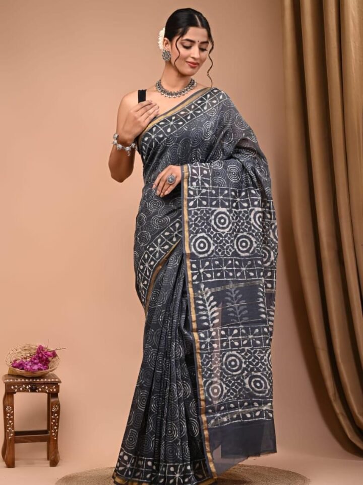 charcoal denim chanderi saree geometric circle print hand block Bagru Jaipur SA Fab