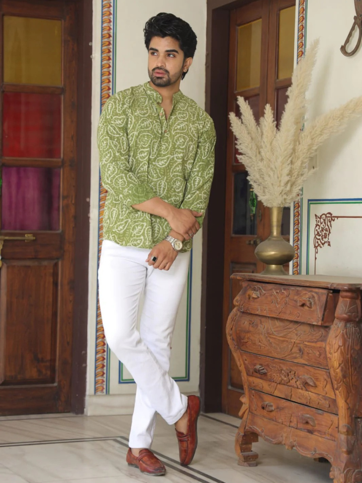 Green floral block print Green short kurta for men — pure cotton hand block printed Bagru SA Fab