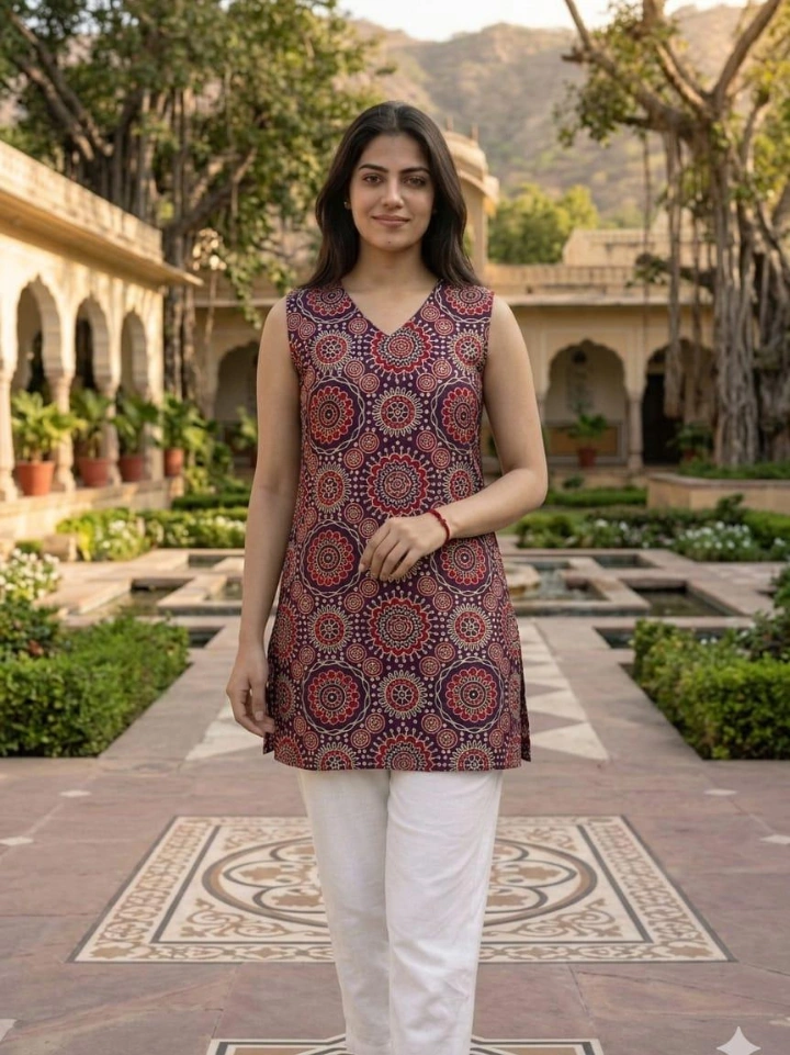 blue traditional motif short kurti sleeveless โ pure cotton hand block printed Jaipuri Bagru SA Fab