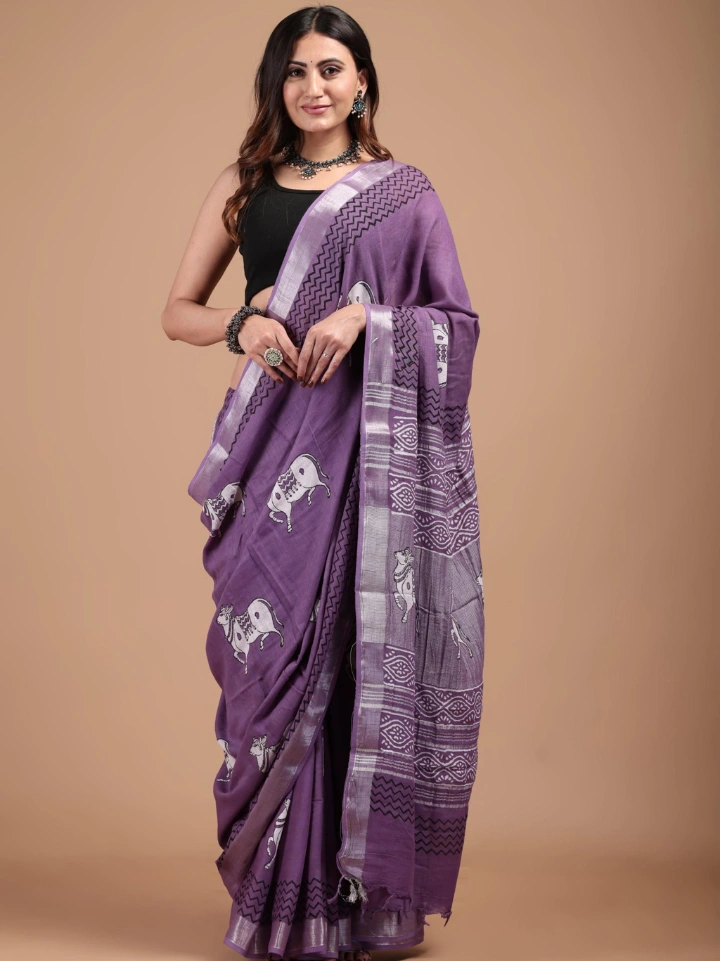 lilac pichwai print pure linen saree with blouse — handcrafted linen saree Bagru SA Fab